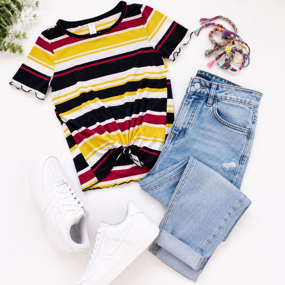 No Boundaries Striped Knot Front Tee Girls 7/8 Retro Y2K Baby Tee Top